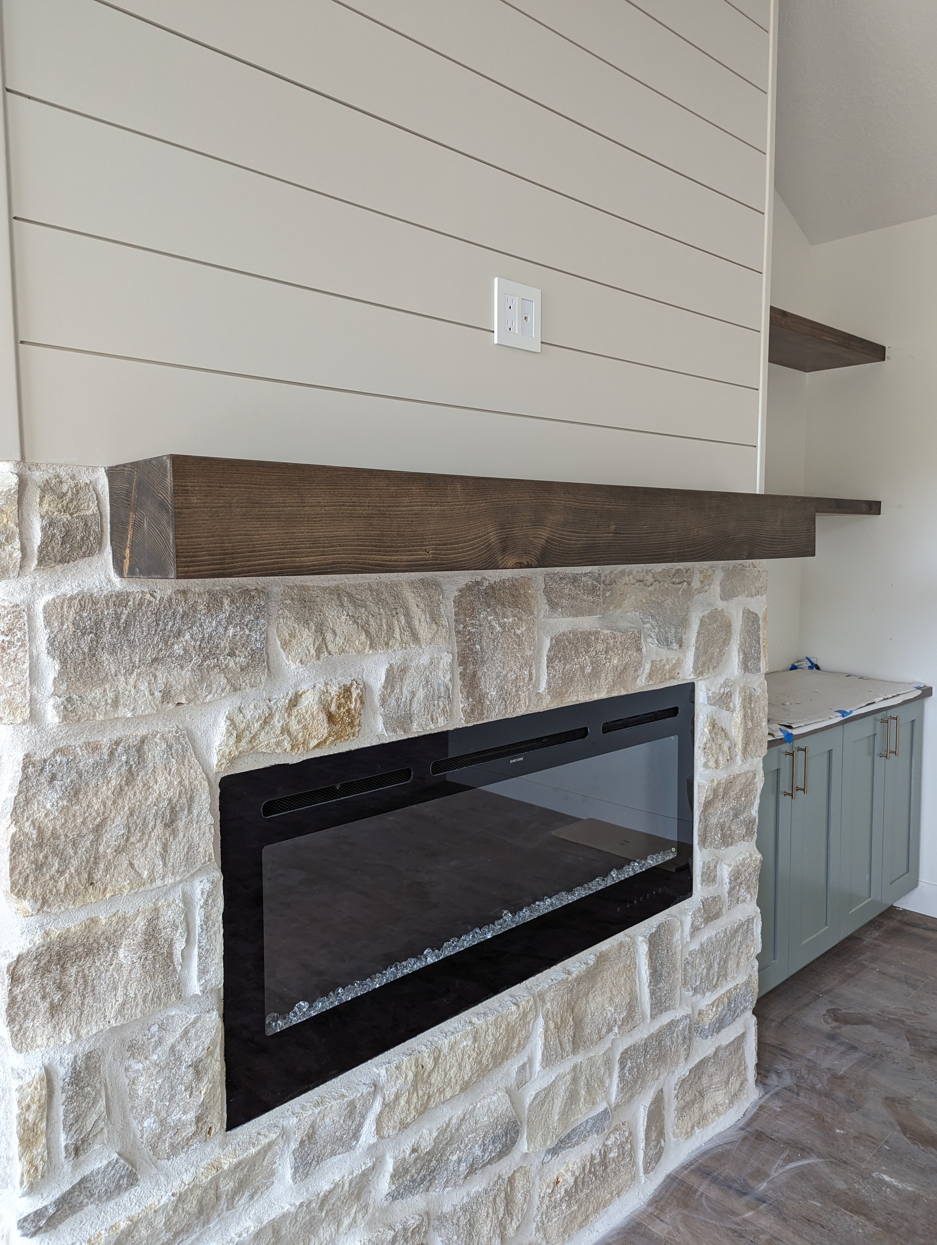 Shiplap Accent Wall, Stone Fireplace & Custom Mantel
